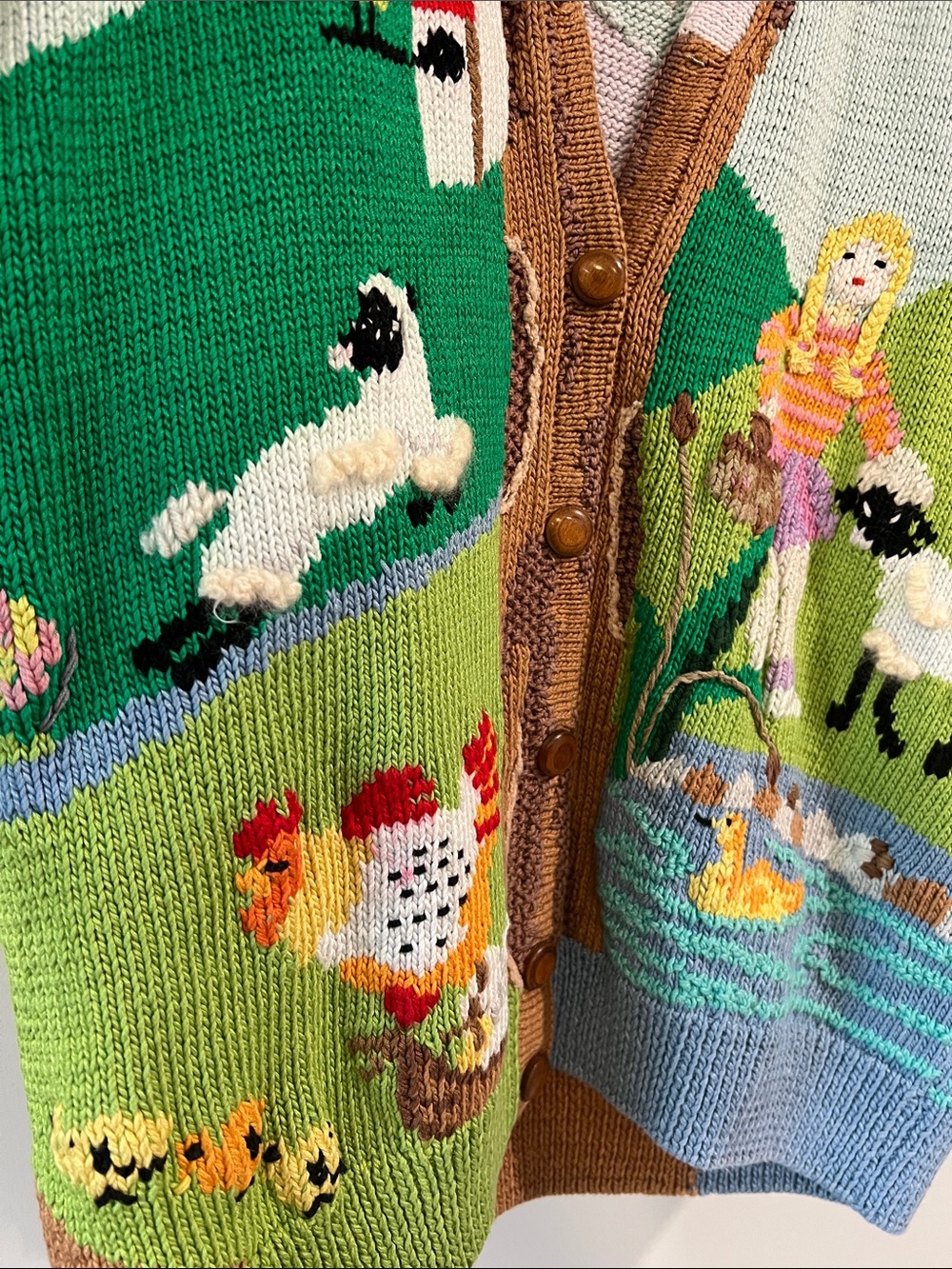 Berek - M, Hand-Knit Pastel Farm/Egg Hunt Scene Cardigan - Picture 5 of 12